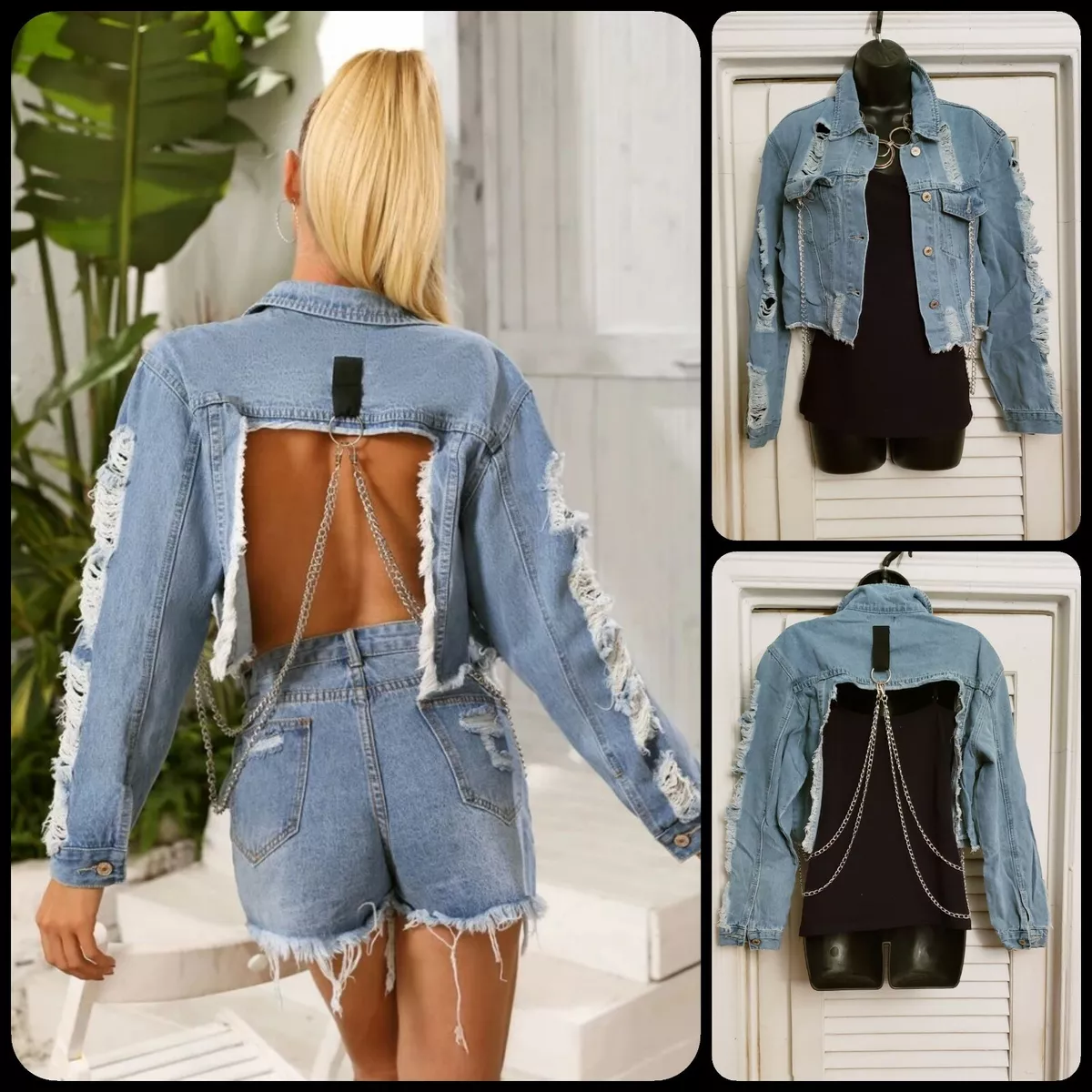 Unique Blue Open Back Chain Detail Ripped Short Lightweight Denim Jacket M