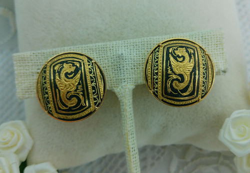 Vtg Spain Damascene Mystic Flying Dragon Gothic Gold Black Mod Clip On Earrings