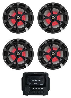 MB Quart GMR-LED Marine/Boat Receiver w/Bluetooth/USB+(4) 8'' Black LED Speakers