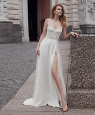 Boho A-Line Wedding Dress Spaghetti Straps High Slit Satin Applique Bridal Gowns