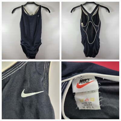 RARE VINTAGE WOMENS NIKE SWOOSH BLACK ONE PIECE SWIMSUIT BATHING SUIT Sz  34