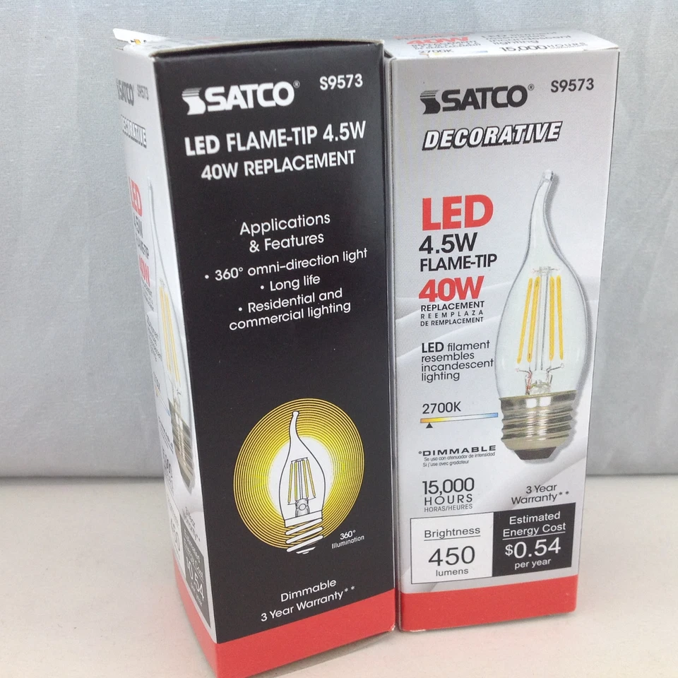 Satco S9573 4.5W Decorative LED Flame Tip Clear 450 Lumens Bulb Lot of 2 - Image 2 of 4