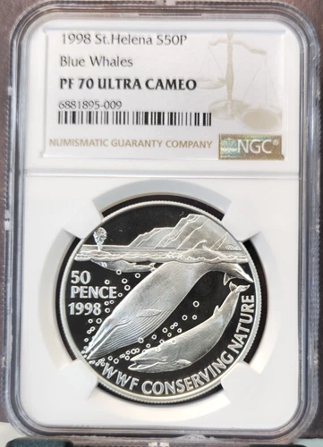 1998 SAINT HELENA SILVER 50 PENCE BLUE WHALES NGC PF 70 ULTRA CAMEO RARE POP 1