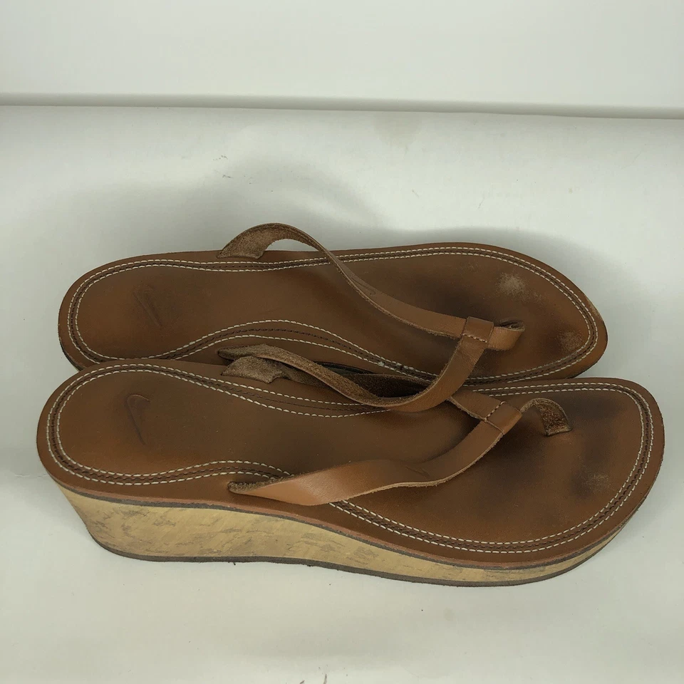 Nike Chanclas Sandalias Cuñas Mujer Talla 9 Marrón Cuero Superior Foto 2 de 4