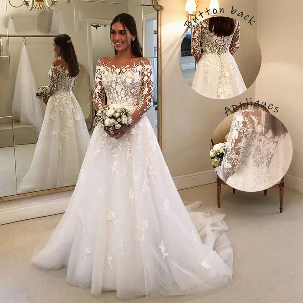White Princess Wedding Dresses Sheer Scoop Neck Lace Long Sleeves Bridal Gowns