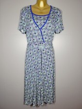 DASH DRESS SIZE 10 FAUX WRAP SHIFT BLUE GREEN PRINT RETRO KNEE LENGTH 45" Z33