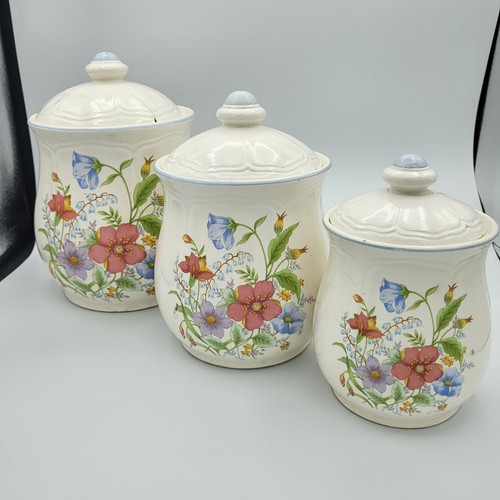 VTG Kitchen Made Japan Containers Set Lot 3 Ceramic Teal Aqua Floral Flaws Chips