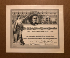 ORIGINALAUTHENTIC 1902 WILLIAM MCKINLEY MEMORIAL CERTIFICATE -CANTON OHIO SCARCE