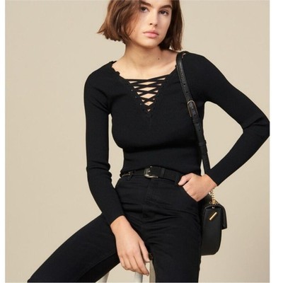 Sandro Paris Lace Up Fitted V-neck Ribbed Sweater in Black Size 4