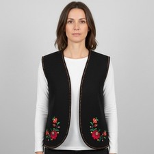 Vintage Black Wool Hungarian Folk Vest w/ Embroidered Flowers - L/XL