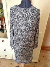 NEXT Ladies Short Dress Size 12 Black Grey Floral Long Sleeve Stretch Round Neck