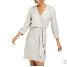 City Studio Silver Gold Metallic Sparkle Wrap Dress Sleeve Belted size 0