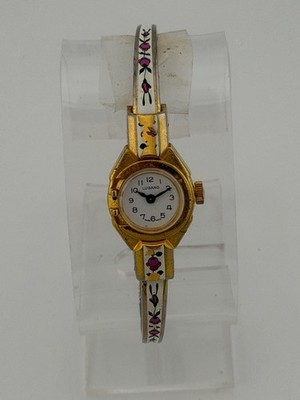 Vintage Lugano Floral Enamel Bangle Mechanical Cuff Watch Swiss Made WORKS