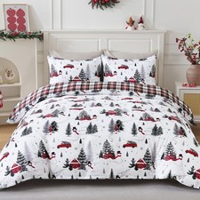 Christmas Duvet Cover Set Queen Snowman Xmas Tree Red Cabin Car Comforter Cov...