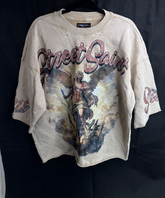 Roku Studio Cropped Street Saint T-Shirt Mens Small Beige Graphic Print Crewneck
