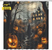 Halloween Gothic Castle Shower Curtain Spooky Haunted House Pumpkin Horror Night