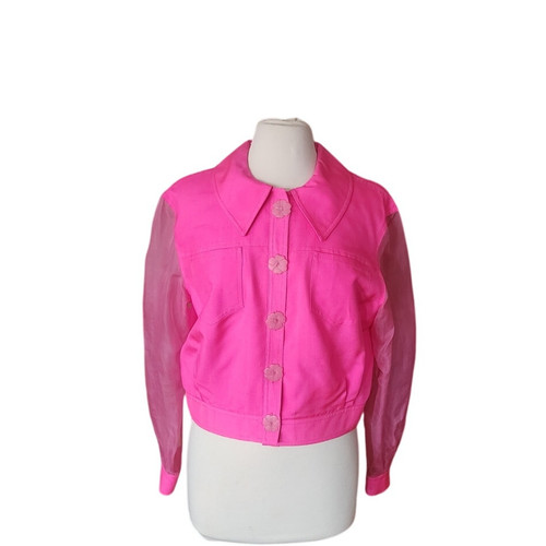 VTG 90s Pink Silk Jacket Sheer Sleeves Flower Buttons Victoria March Chicago