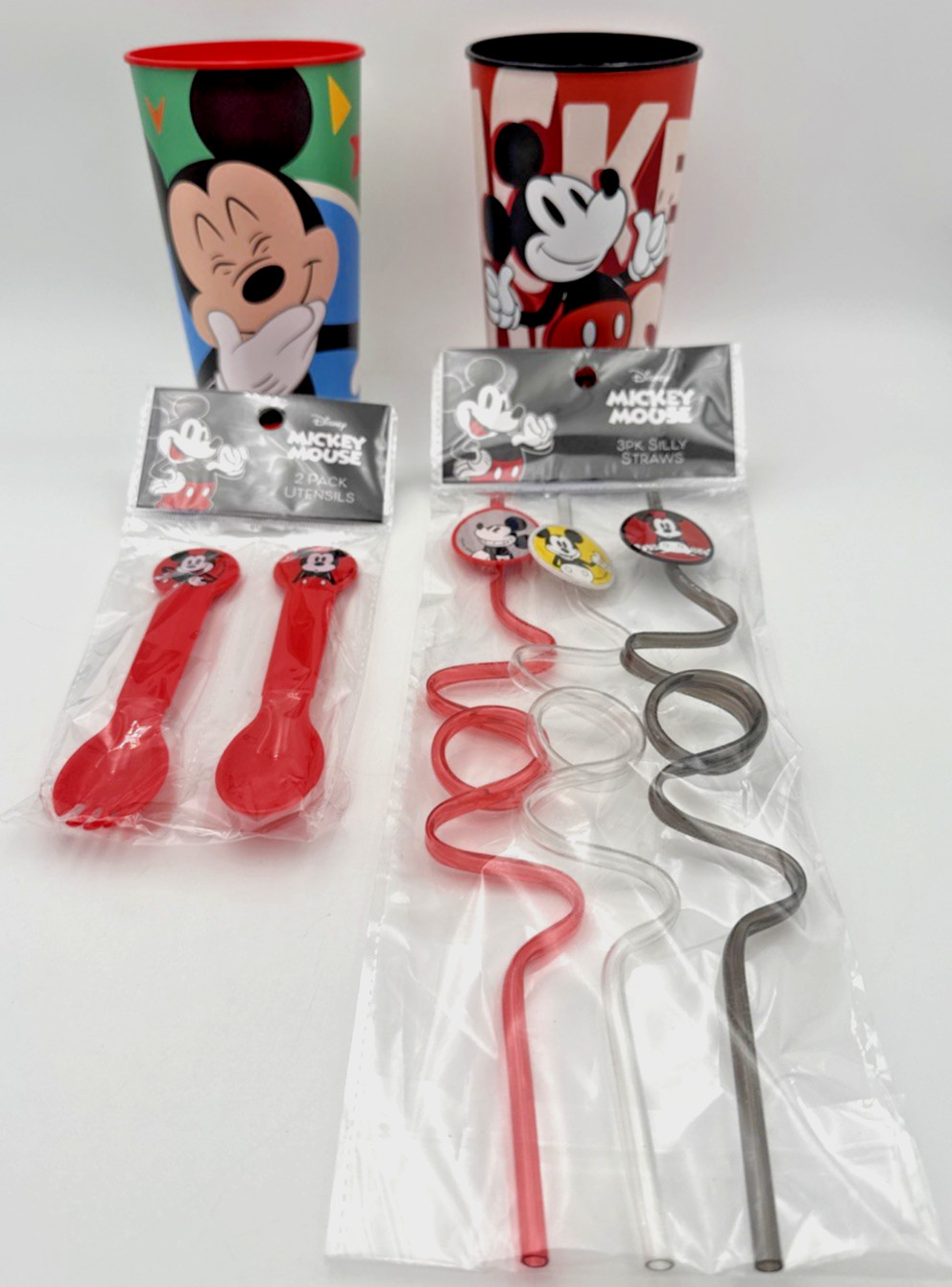 Disney Mickey Mouse 4-Piece Mealtime Set — Cups, Silly Straws & Utensils — New
