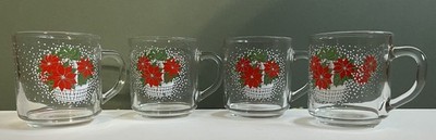 4 Vntg Luminarc Snow & Poinsettia Basket Clear Glass Coffee Cup/Mug Christmas