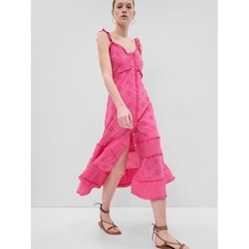 GAP Pink Eyelet Tiered Button Front Maxi Dress Ruffle Straps Women's M