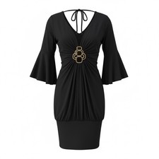 VTG Jagger Black Dress Gold/Onxy Glass Embellish Belle Sleeve Bodycon Club Wear