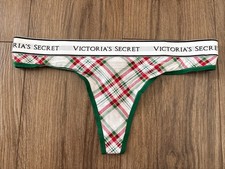 Victoria's Secret Panties Thong Panty White Red Green Plaid Logo Waist Medium M