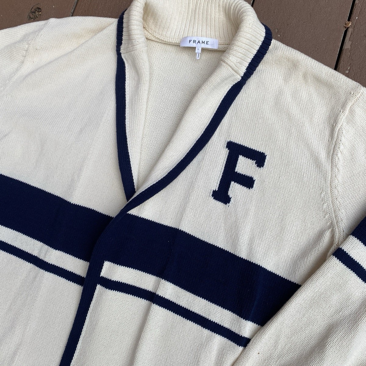 FRAME Varsity Cardigan Large Women's Cotton Cream / Navy