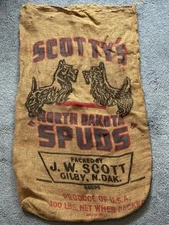 Vintage Scotty’s North Dakota Potatoes Burlap Sack 100 lb J.W. Scott Gilby ND