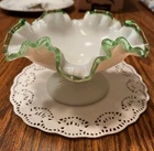 Vintage Fenton Milk Glass Emerald Crescent Crimped Ruffled Glass Candy Dish
