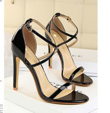 Women Stiletto High Heels Ankle Strap Sandals Patent Leather Open Toe Prom Shoes