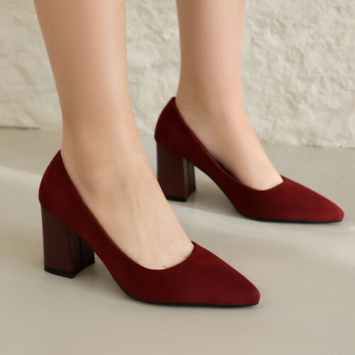 Women Shoes Pointy Toe Faux Suede Block High Heel Office OL Pumps Slip On US4-12 - Picture 1 of 19