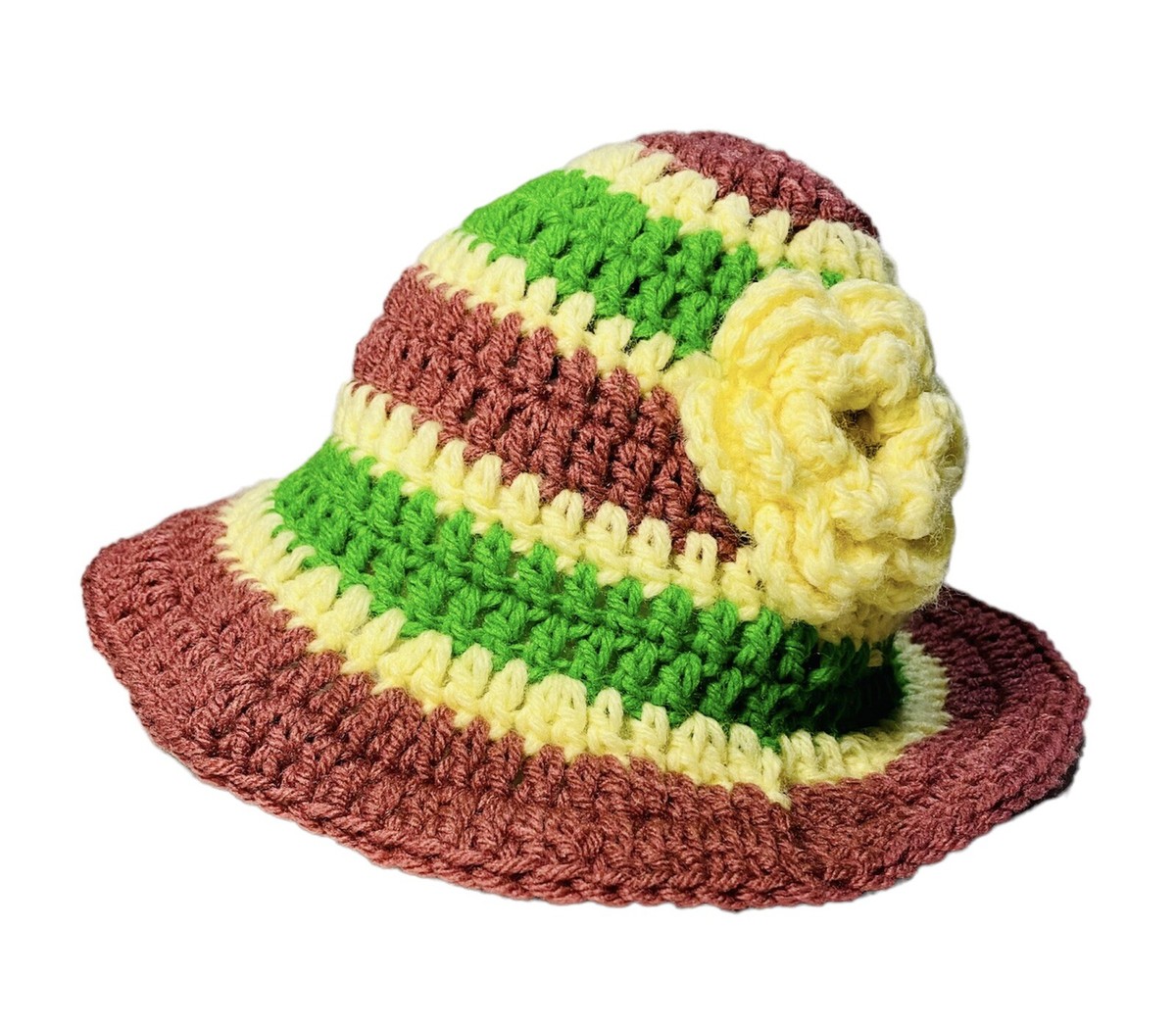 Handmade Pink Cream Green Crochet Cloche Bucket Hat w Flower  display picture 1