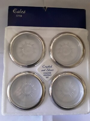 Vintage Crystal & Silver Plate Coaster/Ashtry Set Of 4 By Eales / Leonard