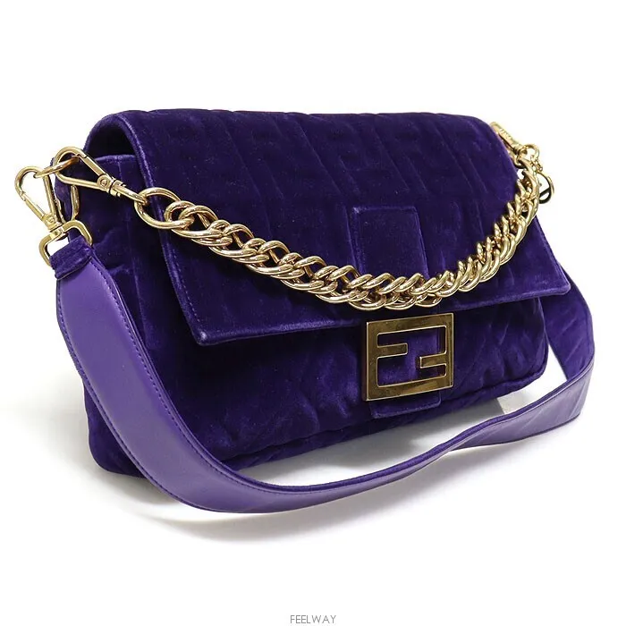 FENDI 8BR771 Purple Velvet FF Logo Baguette Large Shoulder Bag AA345