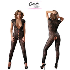 Cottelli Lingerie Sexy Tuta Jumpsuit Nera in Pizzo Floreale e Apertura Frontale
