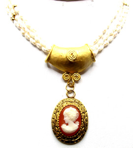 Authentic TRIPLE STRAND FRESH WATER PEARL NECKLACE WITH GOLD PLATED CAMEO PENDANT