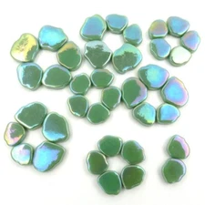 25 Tiles Iridescent Meadow Green Petal Flower Shapes Glass Mosaic Tile Pieces