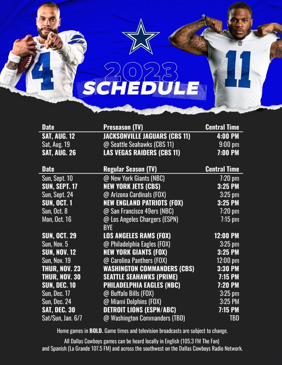 El calendario completo de los Dallas Cowboys para la temporada 2023 de la  NFL