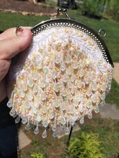Evening Hand Bag: White, Iridescent TEARDROP, SEQUIN BEADS EMBELLISHED Vtg 7"