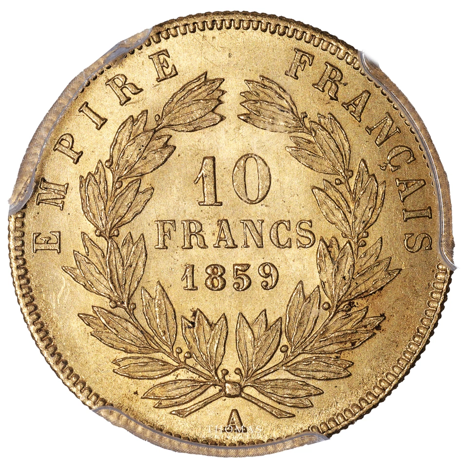 Moneda Francia - Napoleón III - Oro 10 Francos o - 1859 A París - PCGS MS 64 Foto 2 de 2