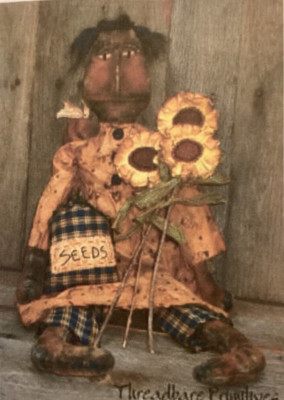 PATTERN Extreme Primitive Black Doll Sunflowers & Bee NEW Threadbare Primitives