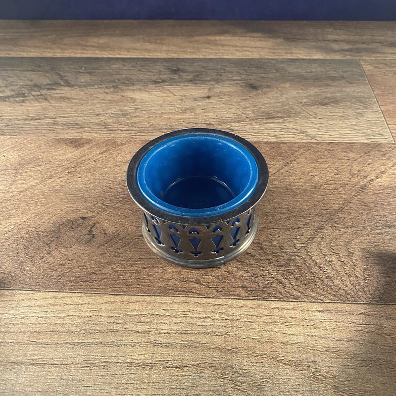 Cobalt Blue Glass Open Salt With Silverplated Holder Marked IIIF 3" Dia x 1.5"H