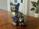 Fenton Art Glass Iridescent Cobalt Carnival Glass Sitting Cat Figurine - Signed