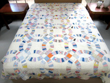 Vintage Feed Sack & Old Cotton Indigo Blue Hand Sewn WEDDING RING Quilt; 88
