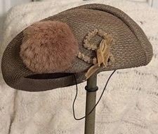 Vintage Vogue Hats New York Straw Hat w/ Mink Pom Pom Mildred Lowndes Millinery
