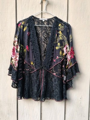 Vtg Spencer Alexis Black Kimono Lace Silky Floral Shrug L Bell Sleeve Romantic 