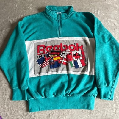 Reebok Vintage Sweatshirt Herren M türkis 1/4 Zip International Graphic Pullover