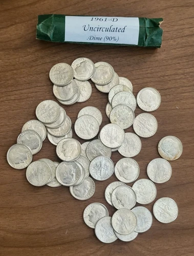 1961 D Roosevelt Silver Dime Full Roll, 50 Coins, UNC, Pulled from US Mint Bag