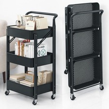 3 Tier Rolling Storage Trolley Cart Metal Foldable Shelf Rack Kitchen Bathroom