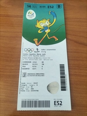 Used Ticket Olympic 14/08 2016 Rio Olympia E52 Diving 2